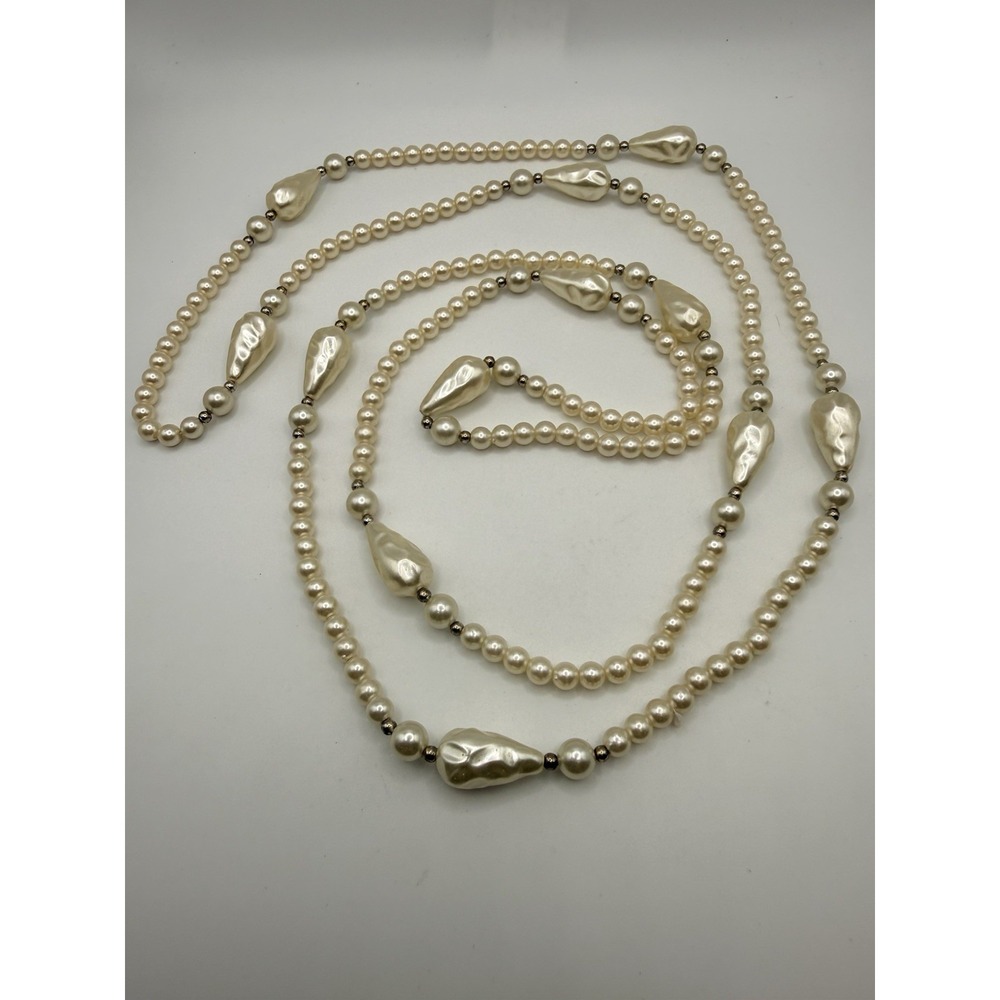 Vintage Faux Pearl Necklace Silver Tone Coquette Grandma Flapper Opera 58"
